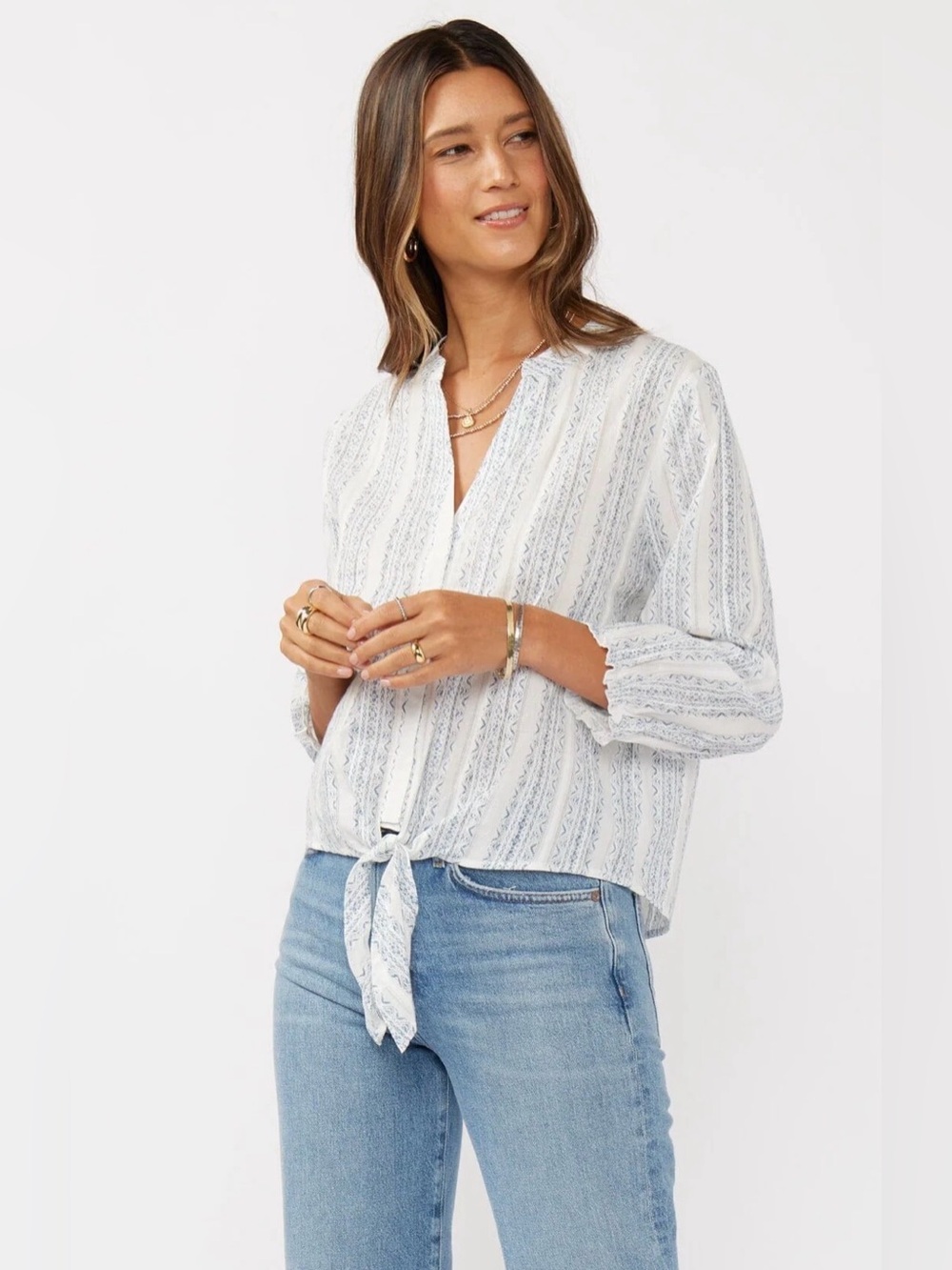 LOVESTITCH Medina Tie-Front Blouse Bohemian Blue/White Striped Women's Size M